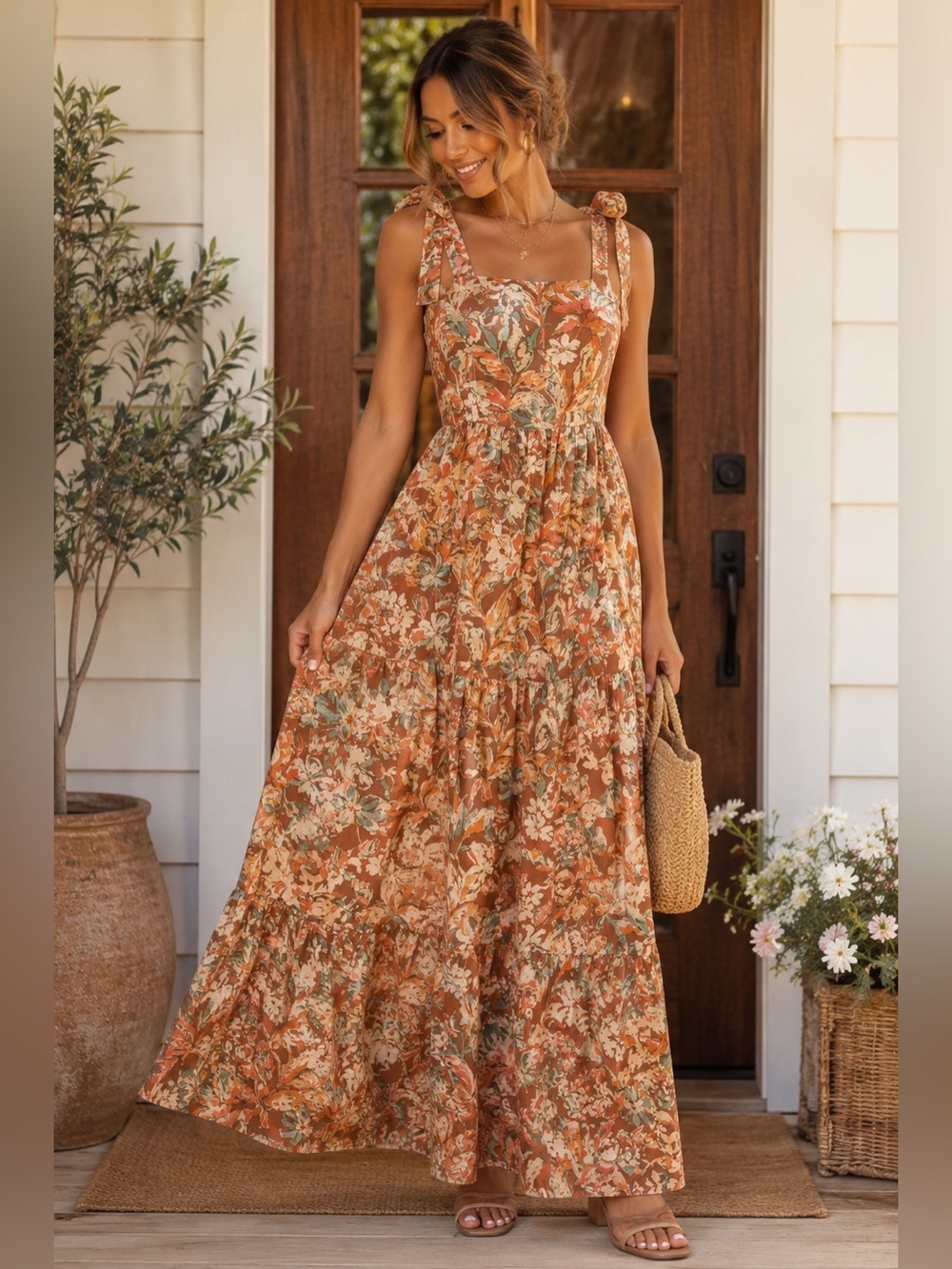 Petal + Pup 100% Cotton Floral Smocked Tie Strap Tiered Maxi Dress US 2